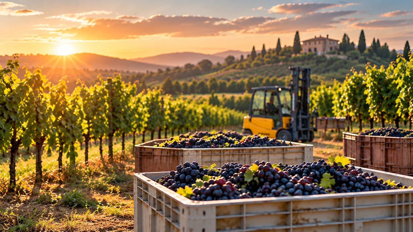 vendemmia e movimentazione dell'uva con carrello elevatore